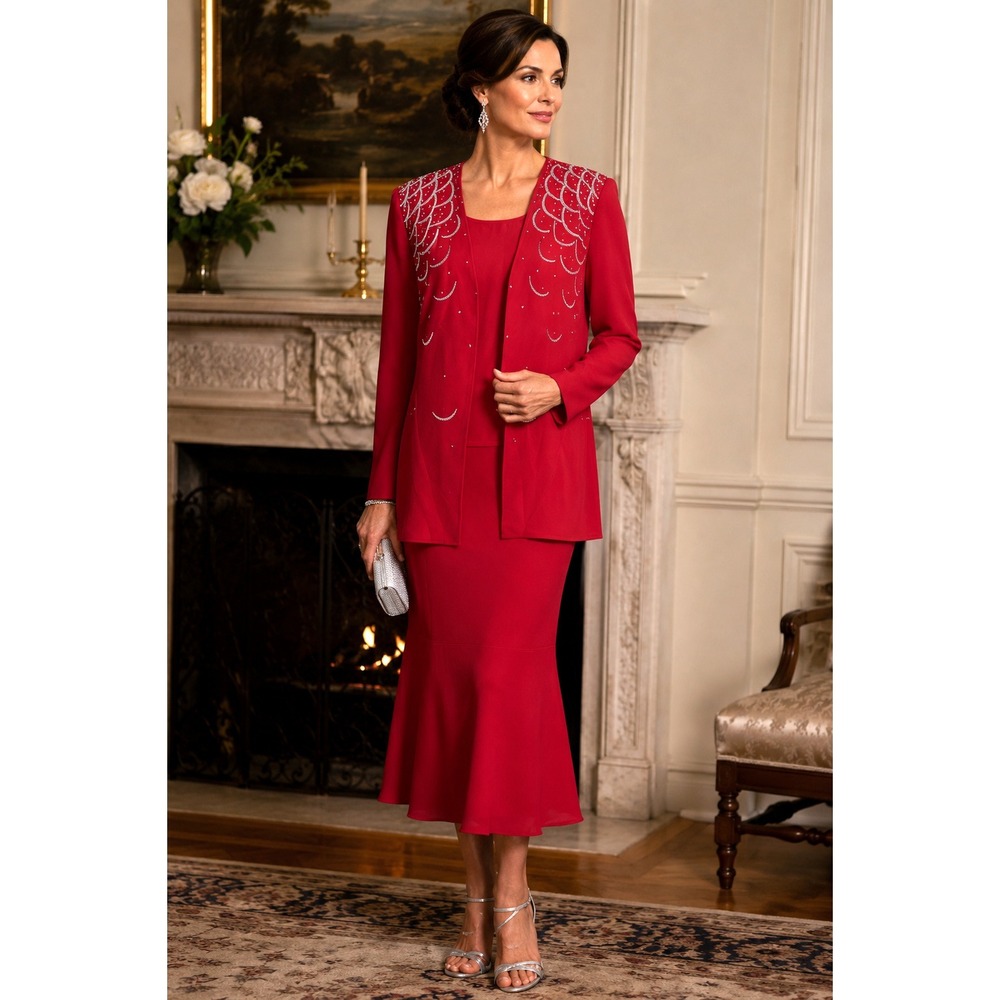 Vintage Red Beaded 3 Piece Skirt Suit Wm's Size 14 Formal Occasion Evening Set‎